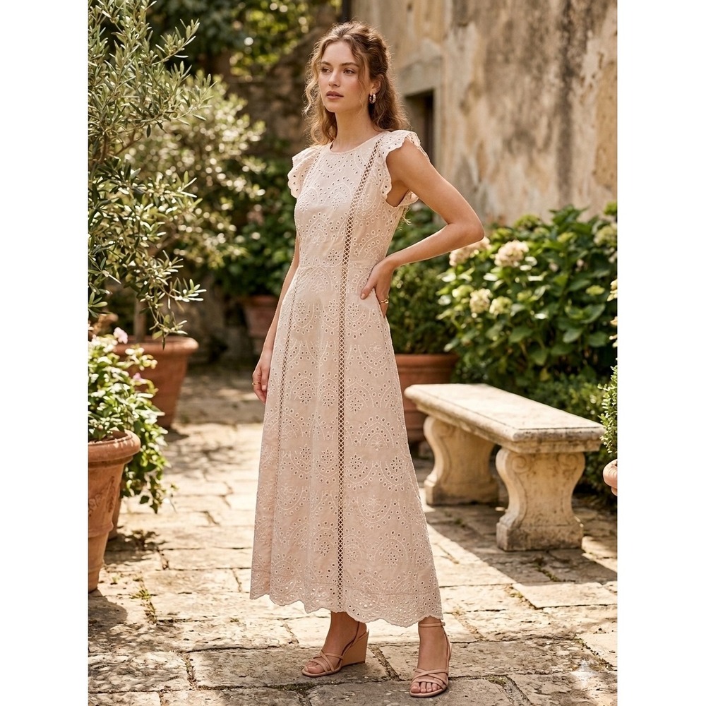 Sam Edelman Soft Pink Eyelet Lace Midi Dress Ruffle Sleeve Scallop Hem Size 10
